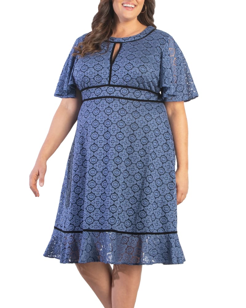 Front of a model wearing a size 0X Middleton Lace Dress in BLUE BELLE by Kiyonna. | dia_product_style_image_id:227784